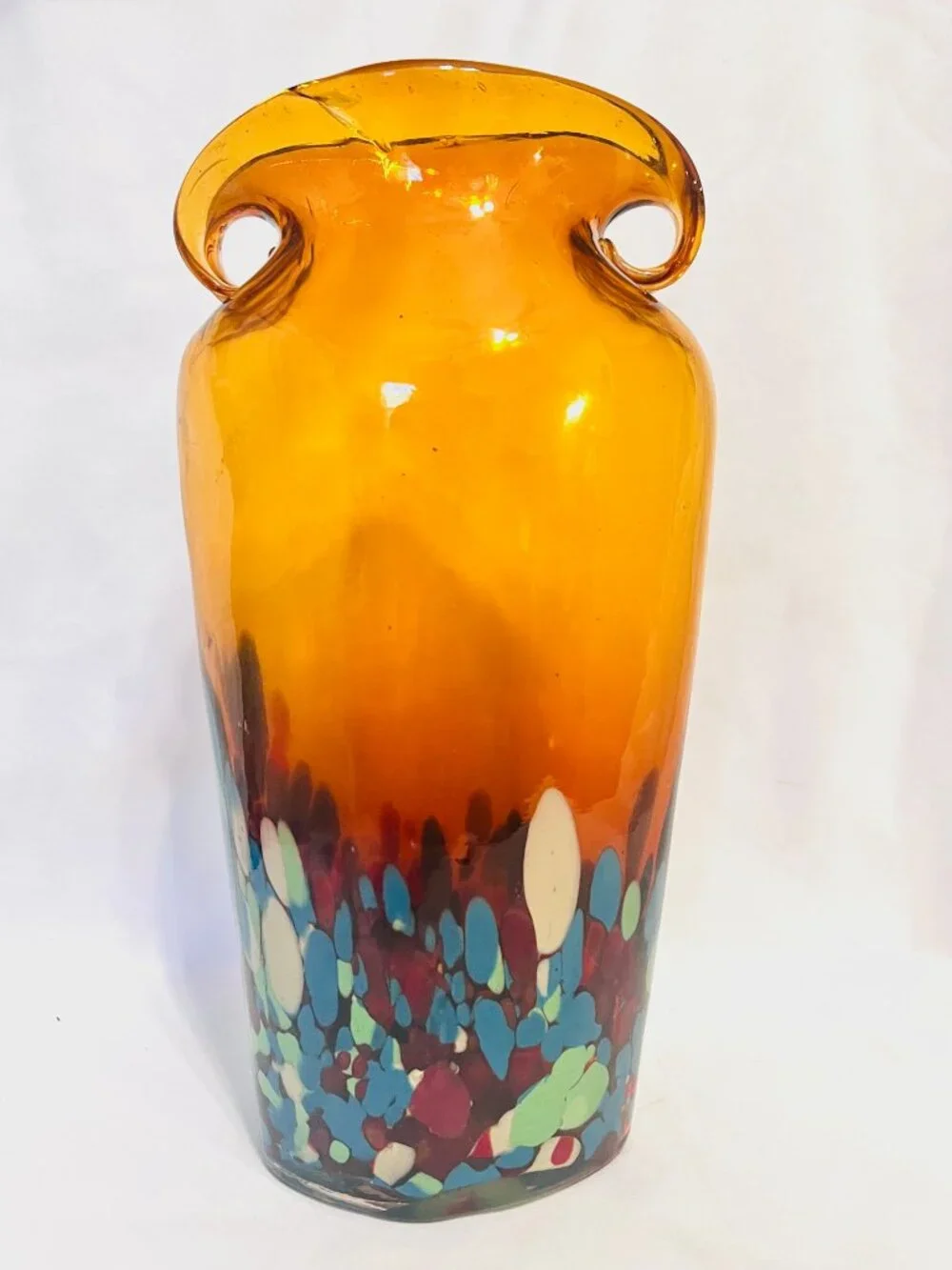 Amber Hand Blown Art Glass Double Handle Vase-Multi Colored Base-11 1/2'x 6